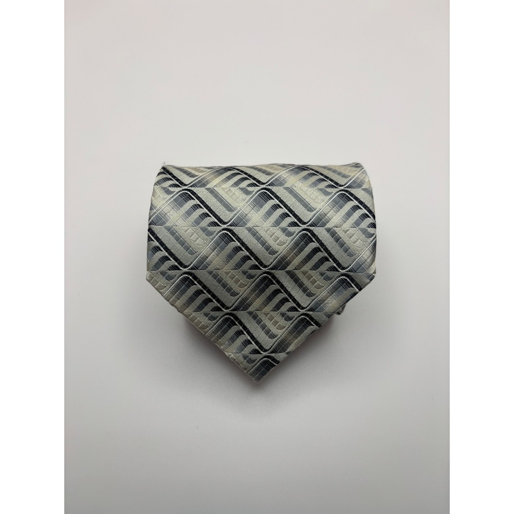 Siena Collezione Mens Silk Necktie Grey Silver Geometric Abstract Hand Made Tie